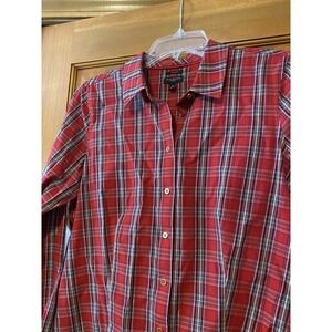 Talbots No iron Women's Holidays Shirt Size 8 Petite Metallic Red Green Plaid